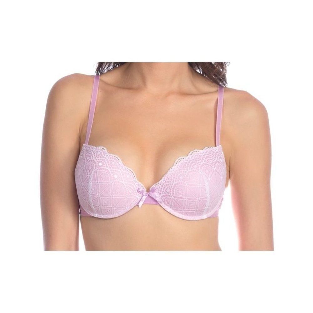 Hers By Herman Womens Pink White Floral Lace Stretch Padded Push Up Bra Size 34B